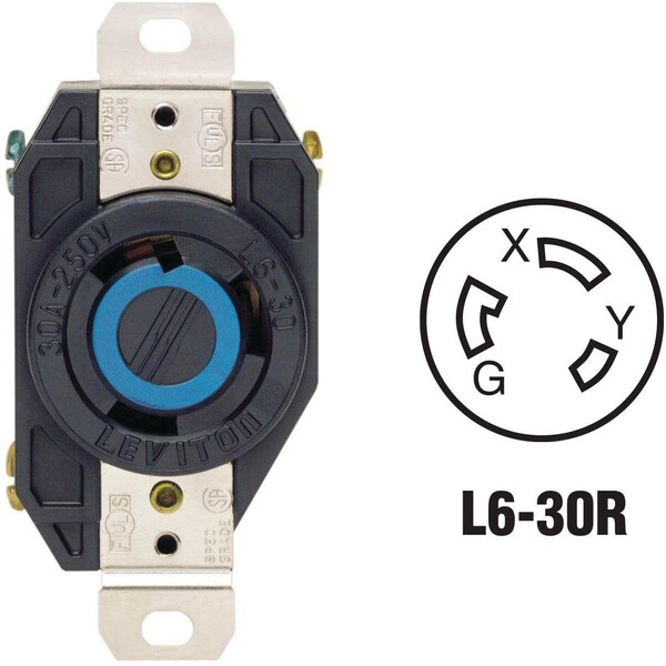 Locking Receptacle, L6-30R, 30 A, 250V AC, Black